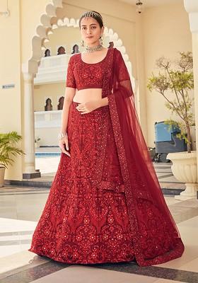 Red Sequin Embroidered Poly Blend Lehenga Set