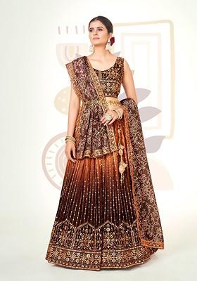 Brown Sequin Embroidered Poly Blend Lehenga Set