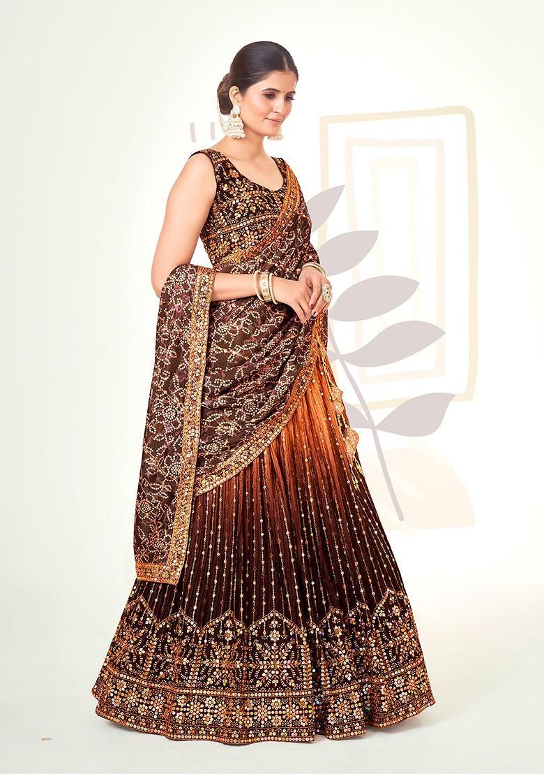 Brown Sequin Embroidered Poly Blend Lehenga Set