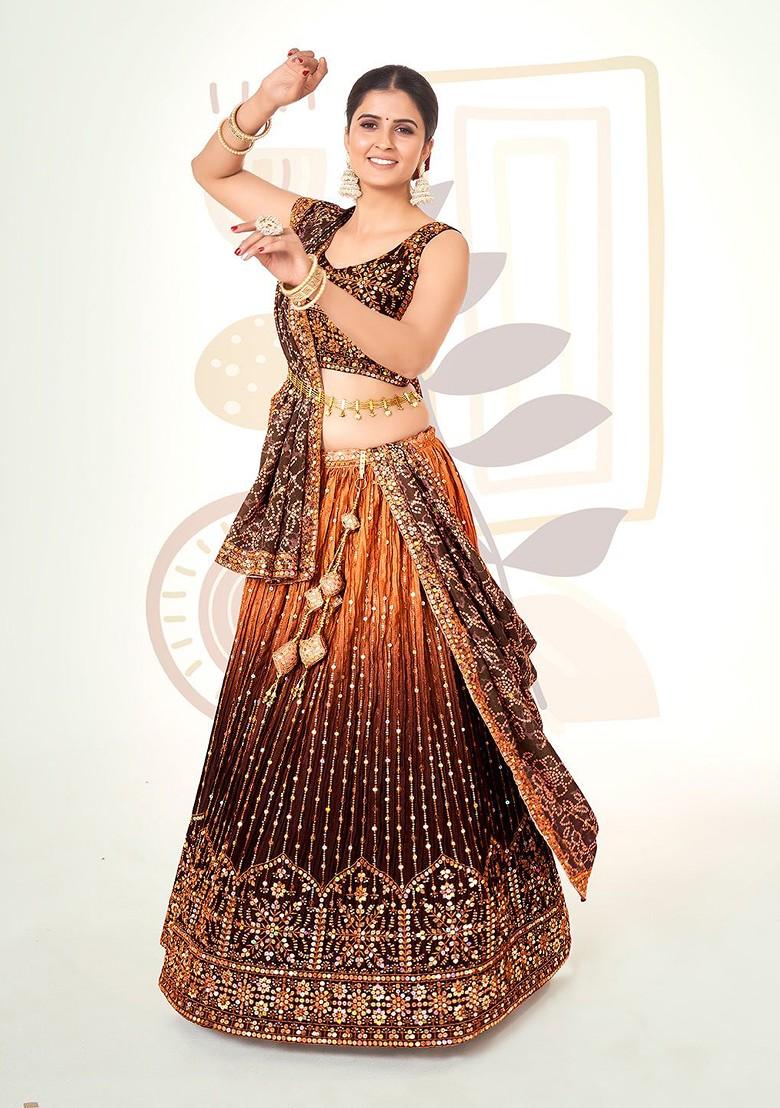 Brown Sequin Embroidered Poly Blend Lehenga Set