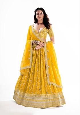 Yellow Sequin Embroidered Poly Blend Lehenga Set