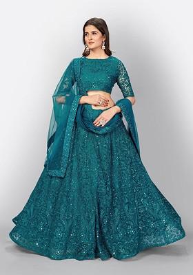 Blue Sequin Embroidered Poly Blend Lehenga Set