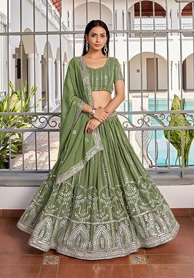 Olive Green Sequin Embroidered Poly Blend Lehenga Set