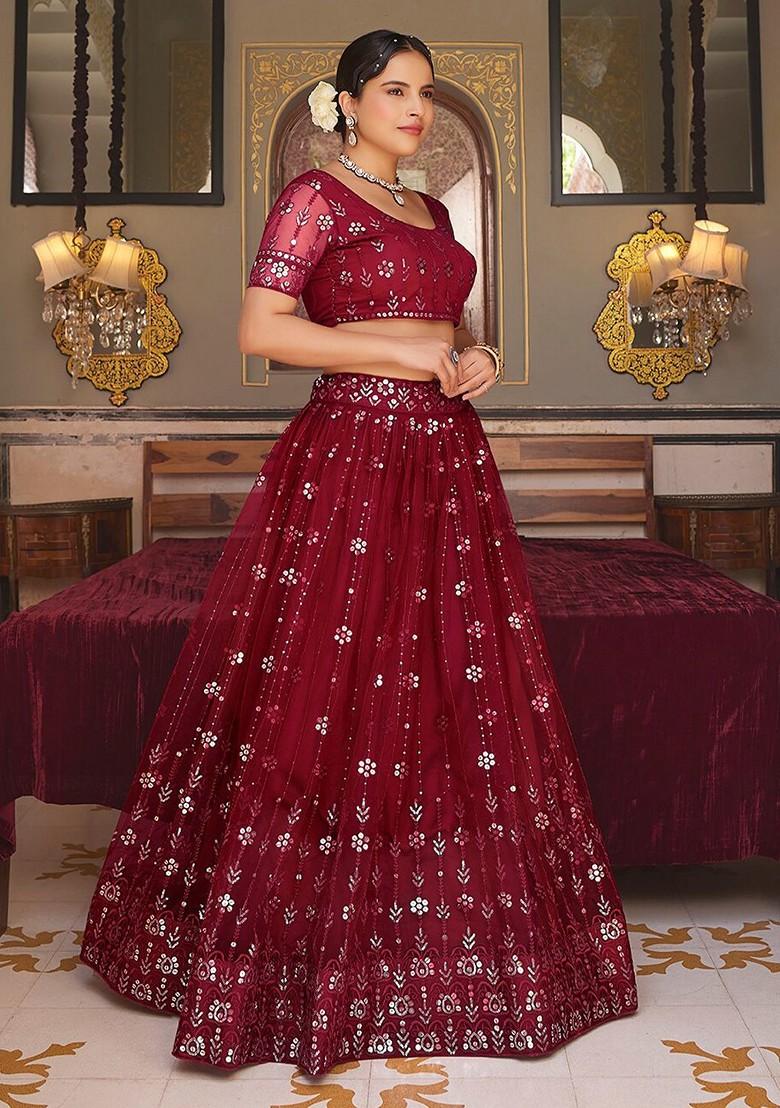 Maroon Sequin Embroidered Poly Blend Lehenga Set