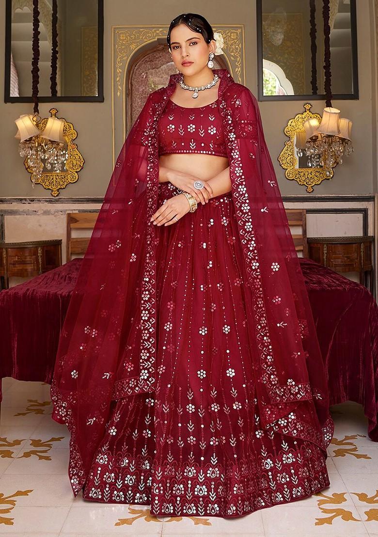 Maroon Sequin Embroidered Poly Blend Lehenga Set