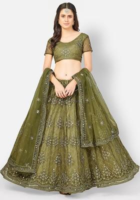 Olive Green Sequin Embroidered Poly Blend Lehenga Set