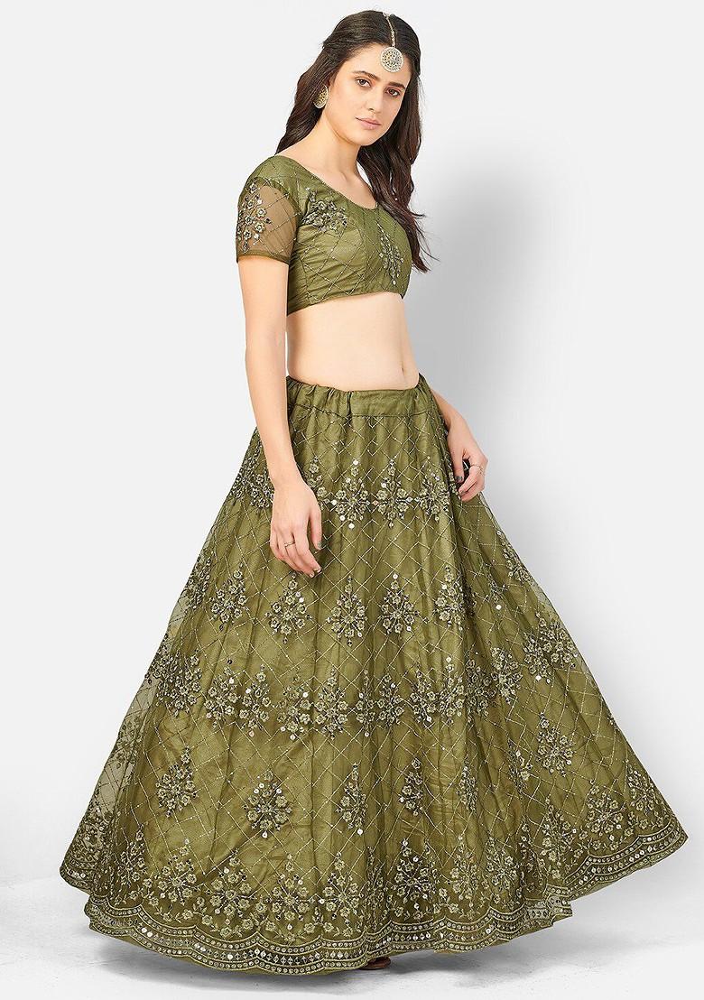 Olive Green Sequin Embroidered Poly Blend Lehenga Set
