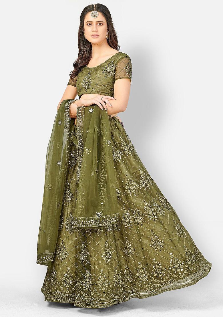 Olive Green Sequin Embroidered Poly Blend Lehenga Set