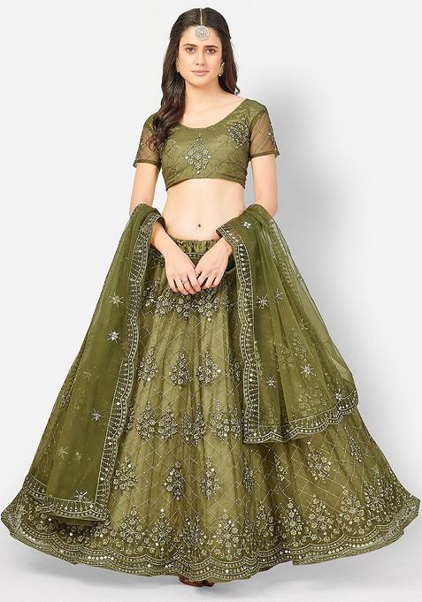 Olive Green Sequin Embroidered Poly Blend Lehenga Set