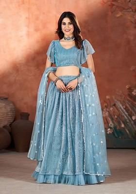 Blue Sequin Embroidered Poly Blend Lehenga Set