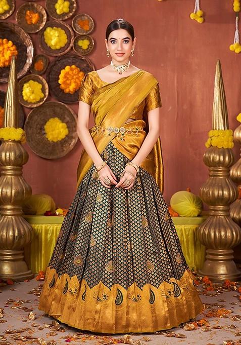 Teal Woven Poly Blend Lehenga Set