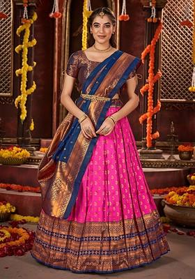 Pink Ethnic Motifs Woven Poly Blend Lehenga Set