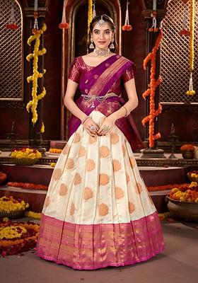 Off White Woven Poly Blend Lehenga Set