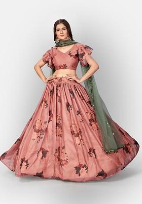 Peach Floral Print Poly Blend Lehenga Set