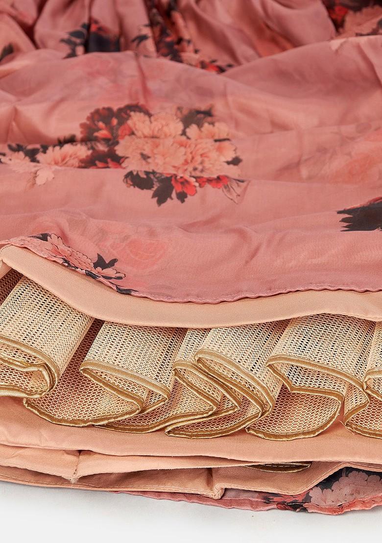 Peach Floral Print Poly Blend Lehenga Set