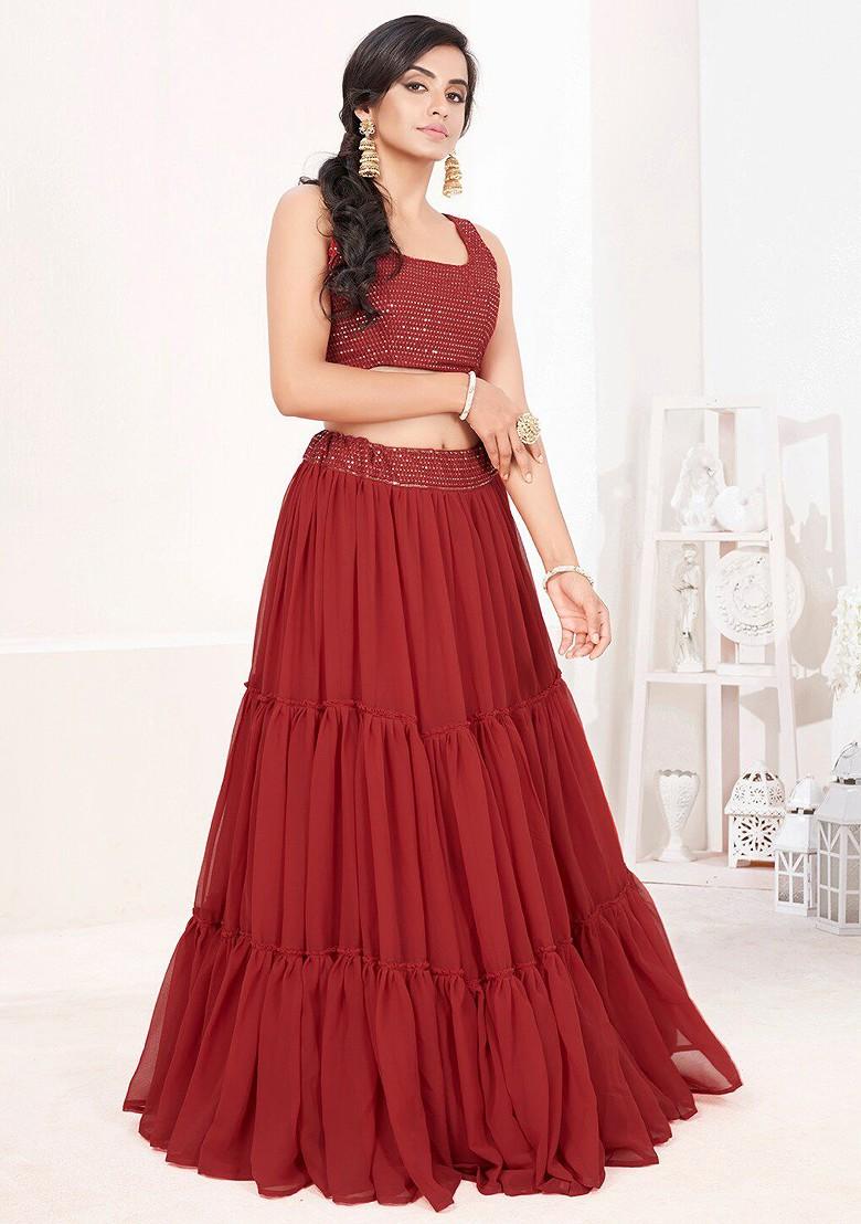 Red Sequin Embroidered Poly Blend Lehenga Set