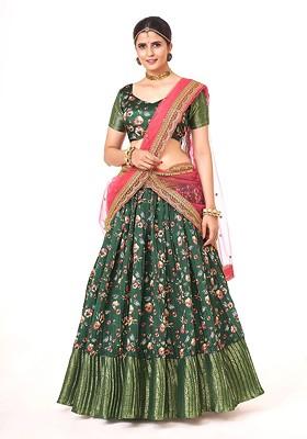 Green Printed Poly Blend Lehenga Set