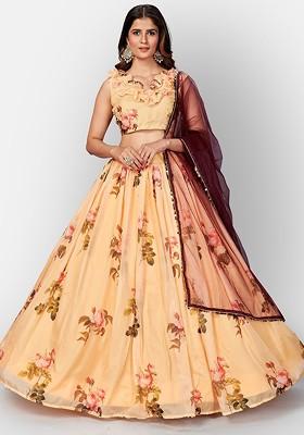 Yellow Printed Poly Blend Lehenga Set