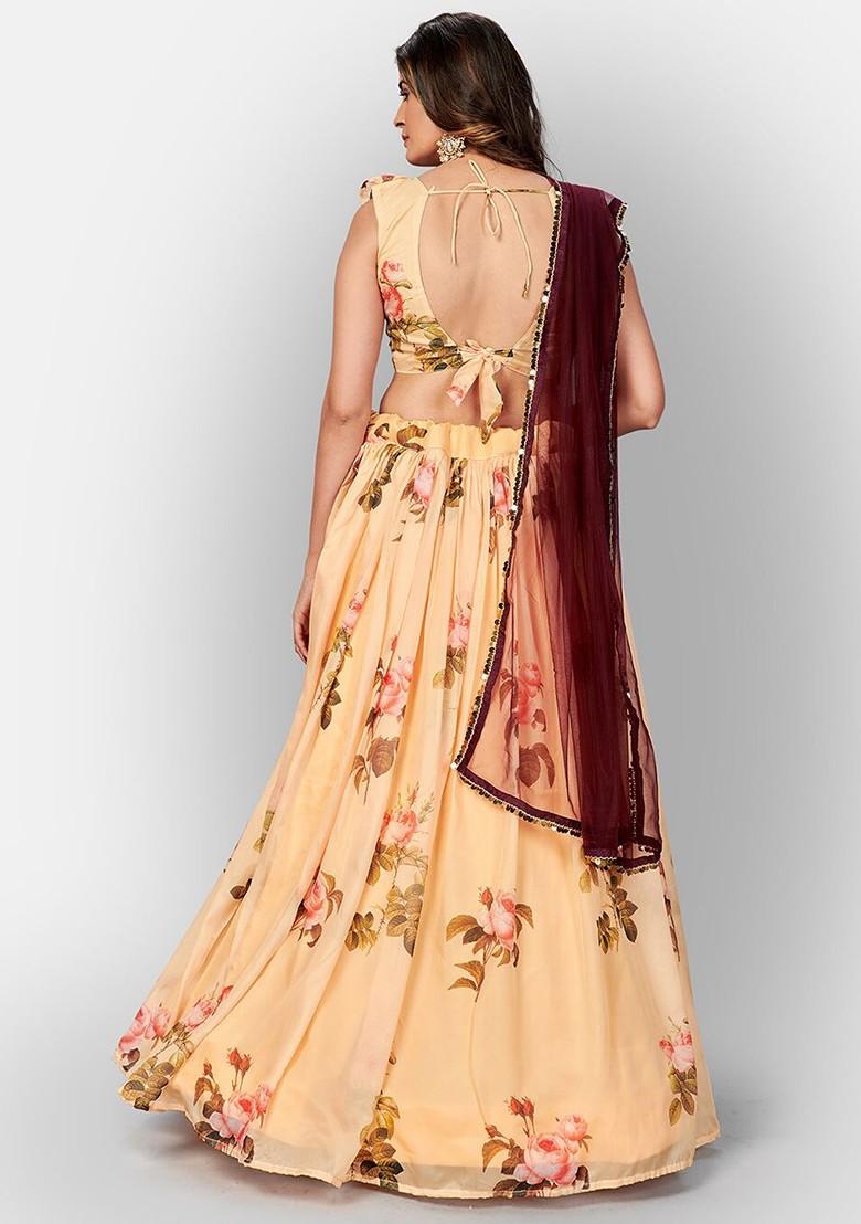 Yellow Printed Poly Blend Lehenga Set