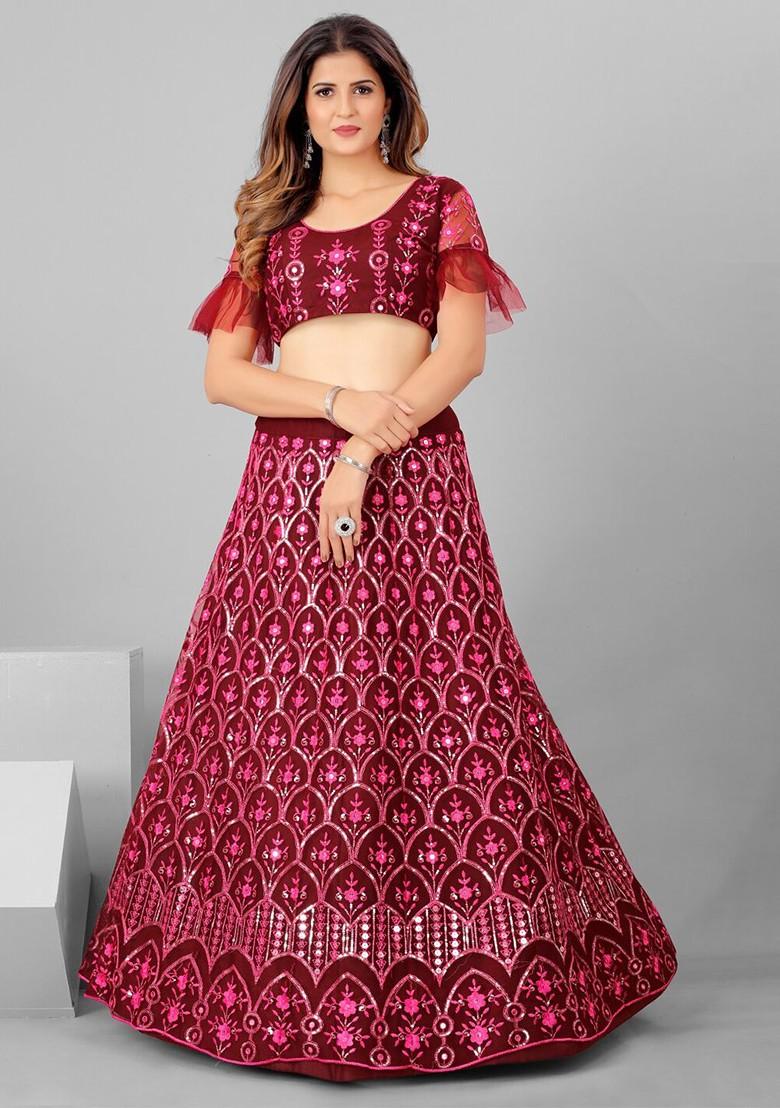 Maroon Sequin Embroidered Poly Blend Lehenga Set