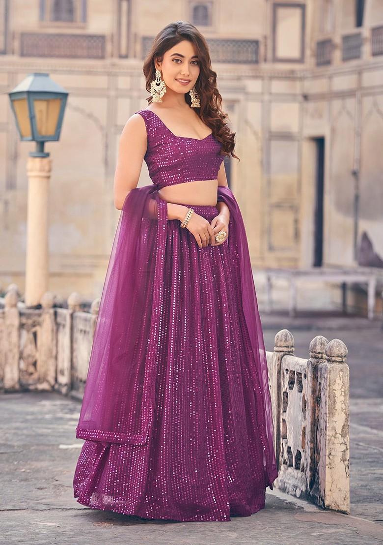 Purple Sequin Embroidered Poly Blend Lehenga Set