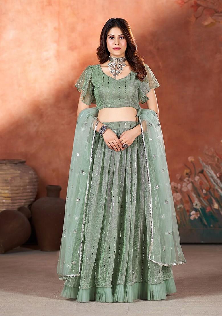 Green Sequin Embroidered Poly Blend Lehenga Set