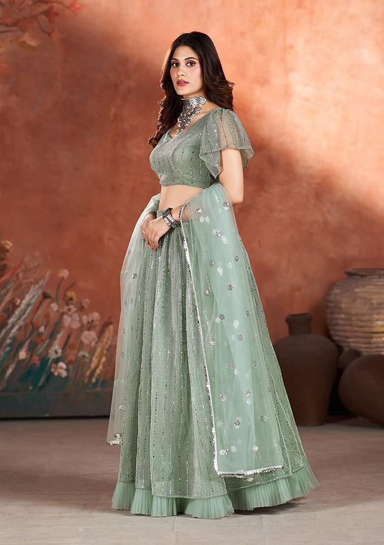 Green Sequin Embroidered Poly Blend Lehenga Set
