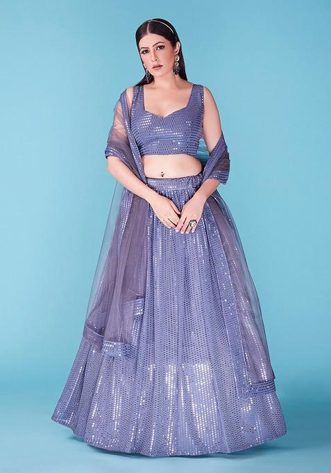 Blue Embroidered Poly Blend Lehenga Set