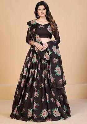 Brown Printed Poly Blend Lehenga Set