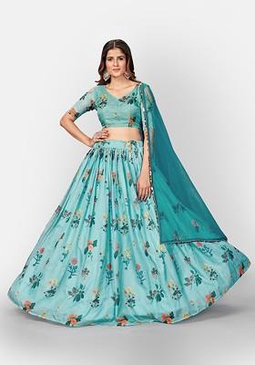 Blue Printed Poly Blend Lehenga Set