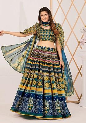 Green Printed Poly Blend Lehenga Set