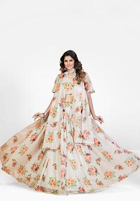 White Printed Poly Blend Lehenga Set