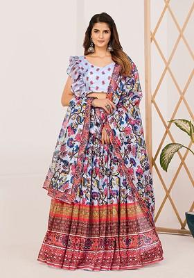 Blue Printed Poly Blend Lehenga Set