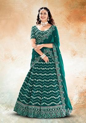 Green Sequin Embroidered Poly Blend Lehenga Set
