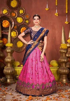 Pink Ethnic Motifs Woven Poly Blend Lehenga Set