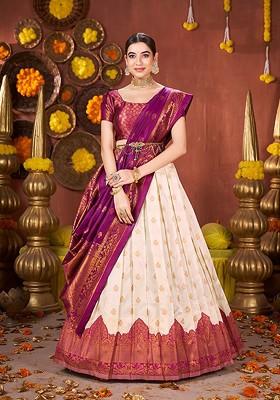 Off White Woven Poly Blend Lehenga Set