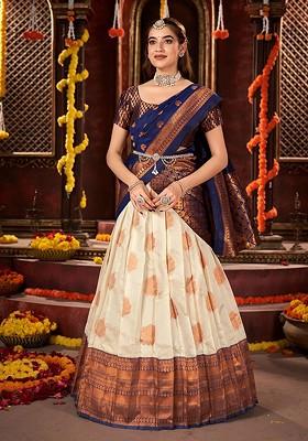Off White Woven Poly Blend Lehenga Set
