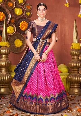 Pink Ethnic Motifs Woven Poly Blend Lehenga Set