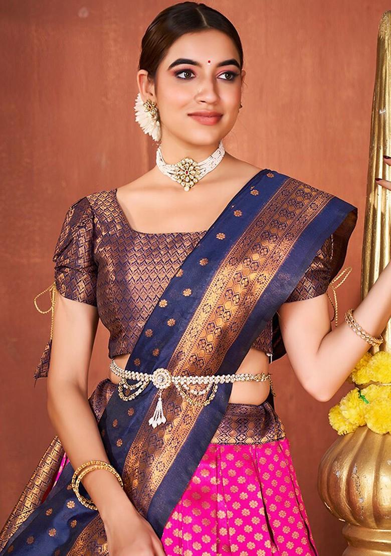 Pink Ethnic Motifs Woven Poly Blend Lehenga Set