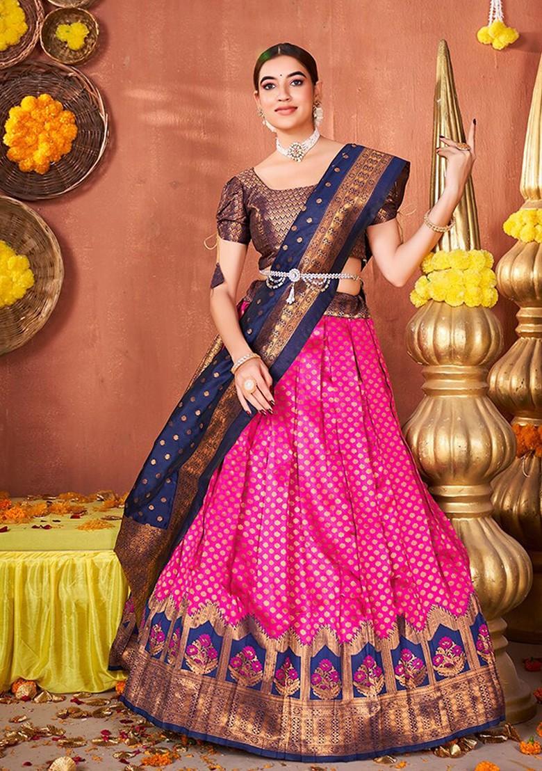 Pink Ethnic Motifs Woven Poly Blend Lehenga Set