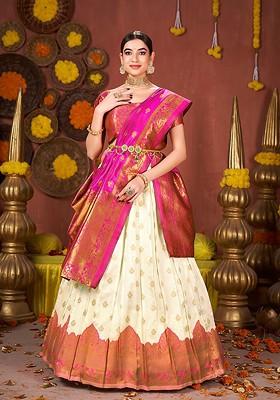 Off White Woven Poly Blend Lehenga Set