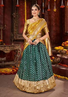 Green Ethnic Motifs Woven Poly Blend Lehenga Set