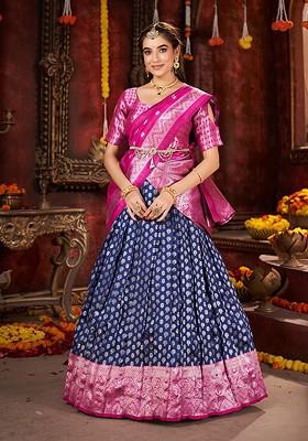 Blue Ethnic Motifs Woven Poly Blend Lehenga Set