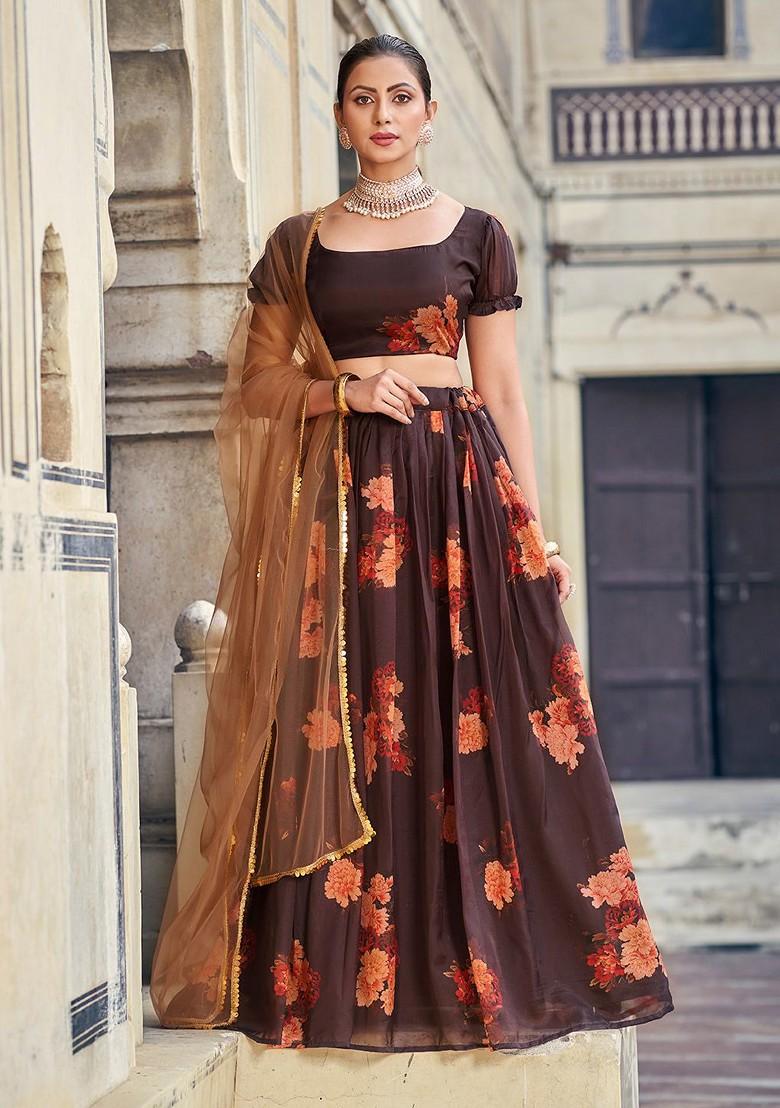 Brown Floral Print Poly Blend Lehenga Set