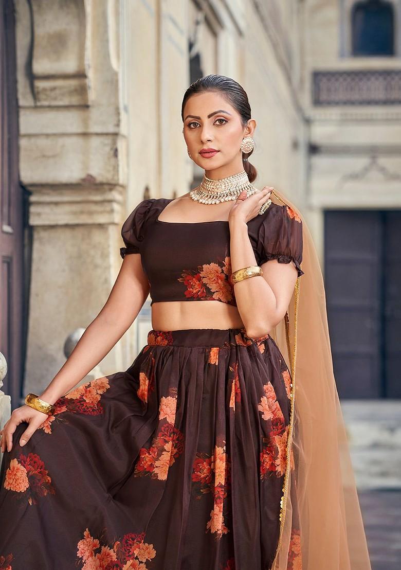 Brown Floral Print Poly Blend Lehenga Set
