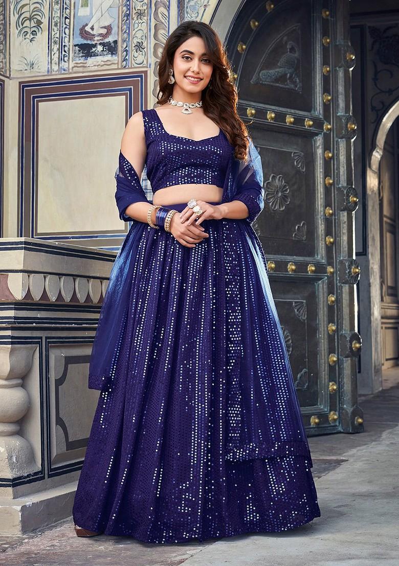 Navy Blue Sequin Embroidered Poly Blend Lehenga Set