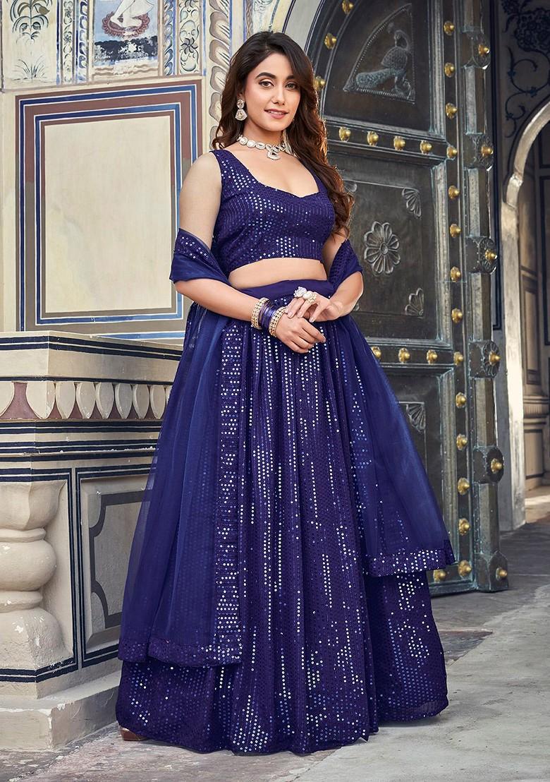 Navy Blue Sequin Embroidered Poly Blend Lehenga Set