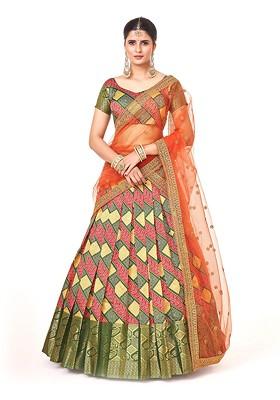 Green Printed Poly Blend Lehenga Set