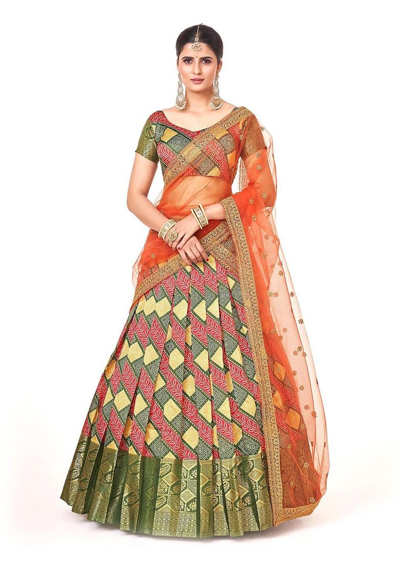 Green Printed Poly Blend Lehenga Set