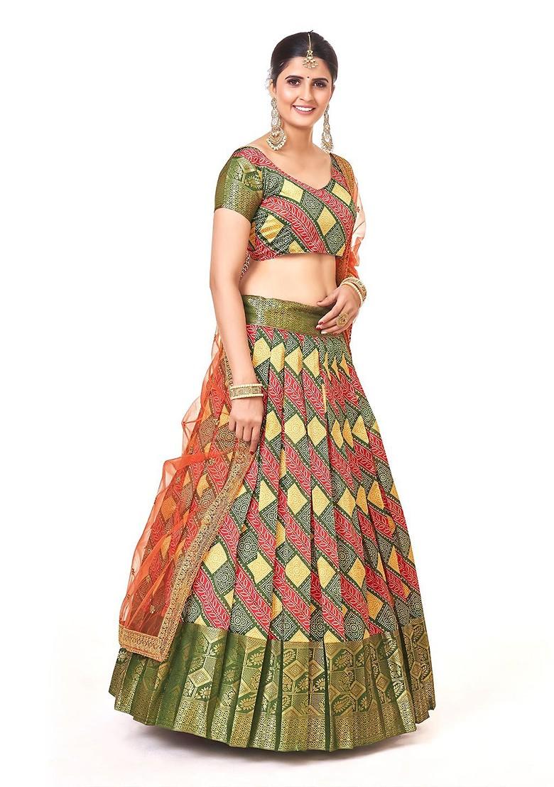 Green Printed Poly Blend Lehenga Set